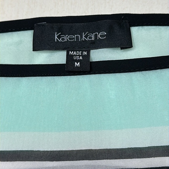Karen Kane 100% Silk Mint Khaki Black Multi Striped Tie Waist Kimono Top Size M - Picture 7 of 11